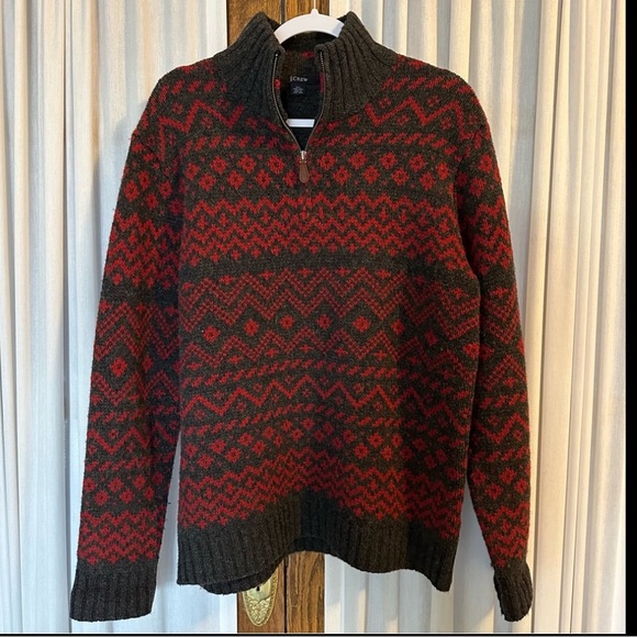 J. Crew Gray Red Fair Isle Lambswool 1/4 Zip Pullover Sweater - Picture 14 of 14